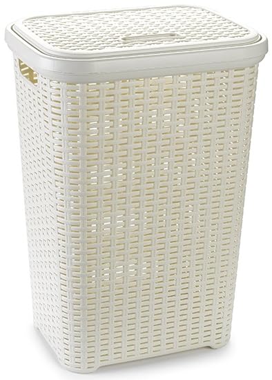 60 Litre Large Cream Plastic Laundry Basket with Lid Rattan Washing Clothes Storage Hamper Bin