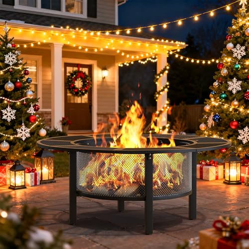 ONBRILL 2-in-1 47 Inch Fire Pit with 2 Swivel Cooking Grills, Outdoor Wood Burning Firepit with Poker for BBQ, Bonfire, Picnic, Party, Round Metal Fire Pit for Outside, Backyard, Patio - Image 5