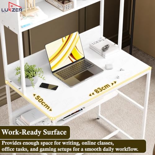 Image of Lukzer Study Table with Open Bookshelf | MST-010 /White & White | Engineered Wood with Metal Frame Desk | Modern & Space Saving Computer Workstation with Hutch for Home Office (143x83x50 cm)