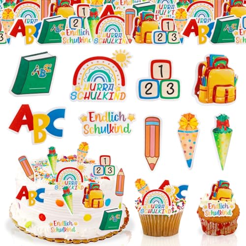 GoldRock Essbare Tortendeko Einschulung Mädchen Junge 54 × Esspapier Kuchen Deko Einschulung Tortendeko Essbar Schulanfang ABC Zuckertüte Cake Topper Schulkind 2026 Schuleinführung Cupcake Muffin Deko