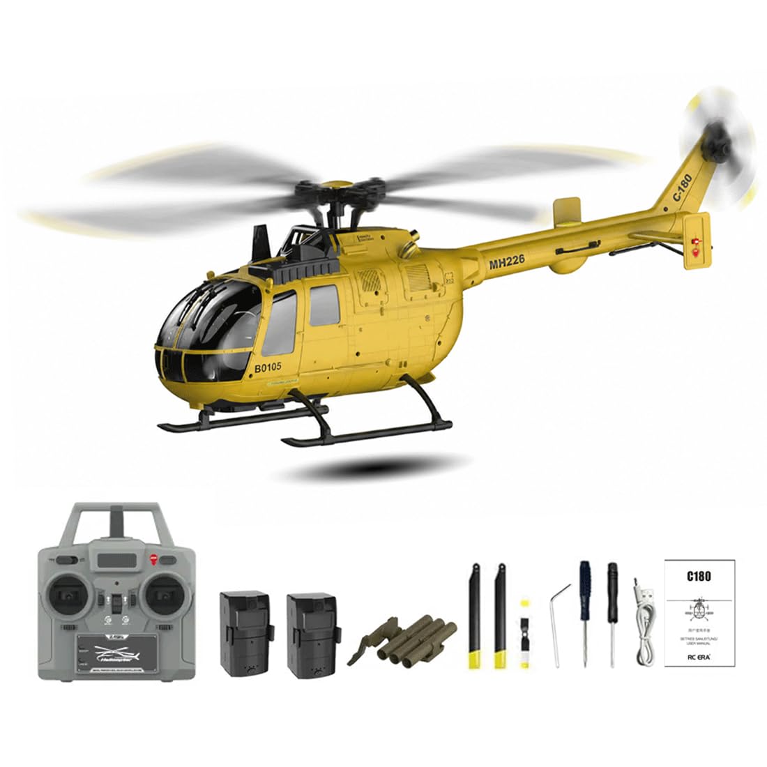 NULA RC-ERA C180 1:25 Scale 6CH RC Helicopter With Brushless Motor, 6-Axis Gyro, TOF LiDAR Altitude Hold & Optical Flow Positioning, Single Rotor Military Aircraft - RTF /2 Battery