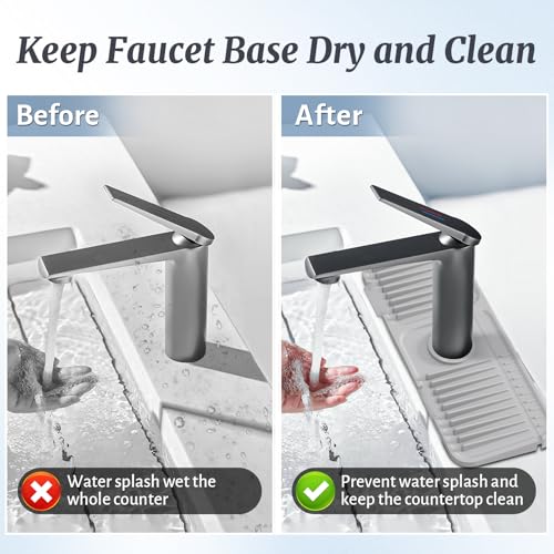 Image of PoYang 14.6 inch Faucet Mat for Kitchen Sink Splash Guard, 7 Slope Silicone Sink Water Splash Guard for Kitchen Sink Area with Snap, Long Sink Protectors for kitchen Sink Sponge Holder, Light Grey