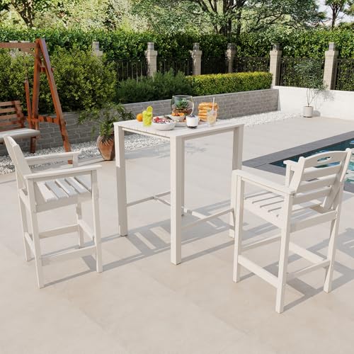 Image of Domi HDPE Adirondack Patio Table and Chairs Set of 3, Adirondack bar Height Outdoor Table and Chairs,All-Weather HDPE Outdoor Bar Set for Poolside,Patio,Backyard, White