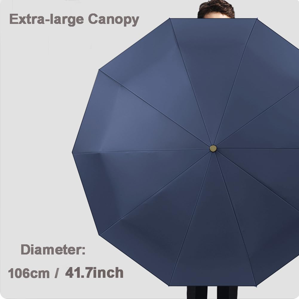 LCY Paraguas plegable automático grande con mango de madera maciza, protección UV UPF50+, resistente al viento, impermeable, paraguas de viaje