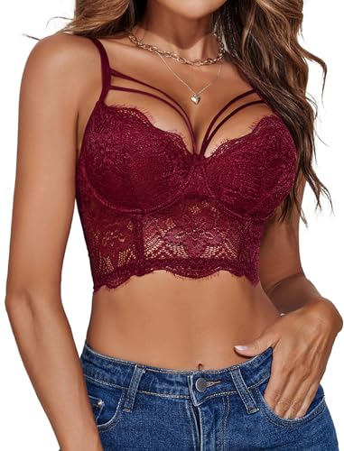 Image of Avidlove Lace Bralette for Women V Neck Camisoles Adjustable Strap Two Layer Crop Top Bustier Tops
