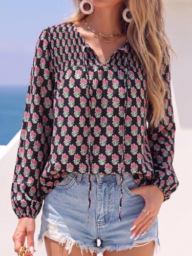 KIRUNDO Boho Tops for Women Trendy 2026 Fall V Neck Floral Peasant Blouse - image 2