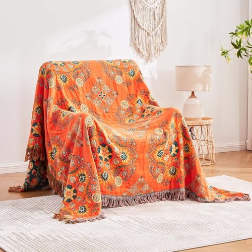 Image of XIBLC Boho Throw Blanket 100% Cotton Ultra Soft Luxury Throw Rustic Quilt 50 inchx60 inch Floral Printed Farmhouse Decor Bed Summer Blankets All Season Rustic Reversible Bohemian Throw for Bed Orange