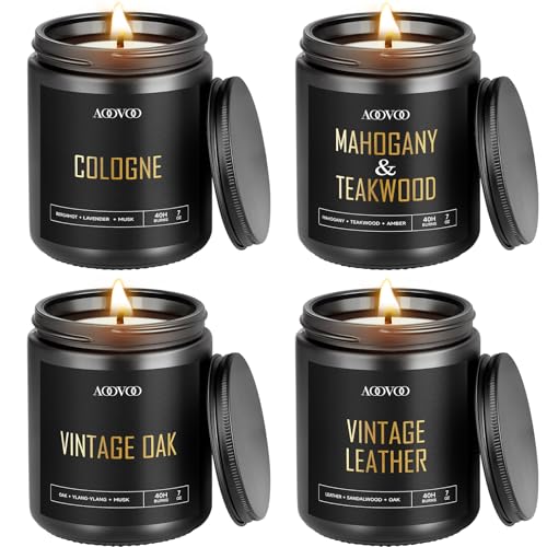 Image of AOOVOO Scented Candles for Men - 4 Pack Candles for Home Scented, 28oz Soy Wax, 200 Hour Burn Time, Men Candle Set, Vntage Leather /Vntage Oak /Mahogany Teakwood /Cologne Candle Set