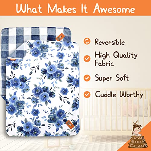 Image of Dear Baby Gear Floral Deluxe Baby Blanket - Reversible, Milestone & Newborn Gifts for Girls and Boys - Blue Watercolor Roses, Blue Watercolor Plaid, 40 x 30 Inches