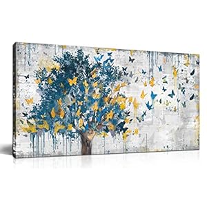 Kepgonegu Large Canvas Wall Art Blue Tree Golden Butterflies Picture Abstract Grey Graffiti Canvas Prints Ready to Hang for Living Room Bedroom Size 20×40