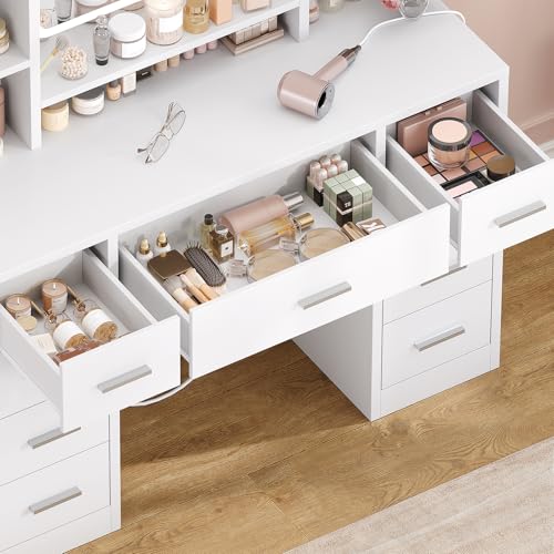 Image of Quimoo Vanity Desk with Mirror, LED Lights and Power Outlet Makeup Vanity Table with 9 Drawers and 7 Storage Shelves Dressing Table for Bedroom Dressing Room (White)