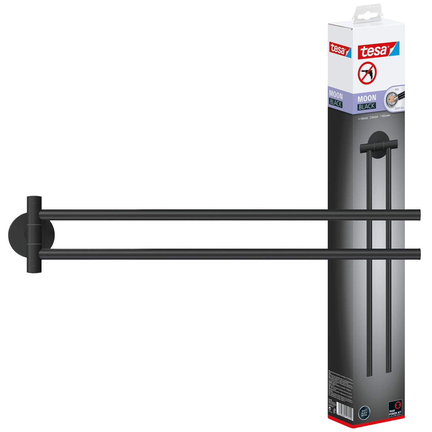 Tesa Uk Matt Black Tesa Moon Black Towel Holder 2-Arm, For Bathroom And Wc - For Bathrooms In Industrial And Modern Style - Drill-Free, Incl. Adhesive Solution - 84 Mm X 50 Mm X 456 Mm