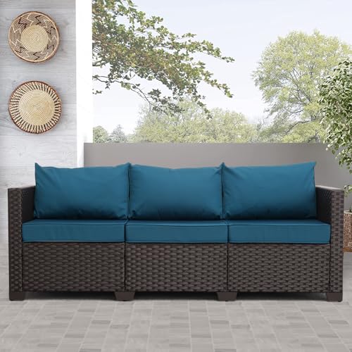 Oasishine Outdoor Wicker Couch 3-Seat Peacock Blue