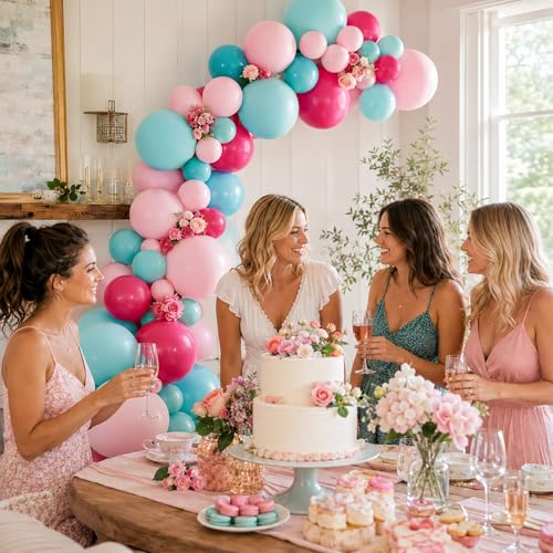 Image of Teal and Pink Balloons, 60PCS Teal Pink Balloon Set, 12 Inch Blue Rose Red White Latex Metallic Confetti Balloons for Baby Shower Birthday Wedding Bridal Shower Hawaii Summer Party Decor