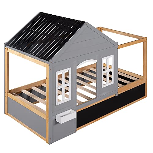 Twin House Bed For Kids, Twin Size Canopy Bed With Roof, Window, Blackboard And Little Shelf, Wood Twin Daybed, Platform Bed, Playhouse Bed For Boys & Girls, No Box Spring Needed (Twin, Gray) #TOP4