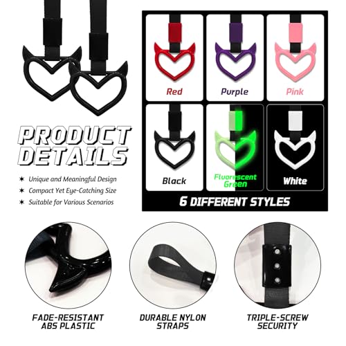 Image of 2 Pcs Devil Heart Shaped Car Handle Strap - Drift Charm Rear Bumper Warning Ring Decor for Car Interior Exterior, Subway Bus Handle Accessory, Cute Heart Car Decor Gift for Drivers (Black)