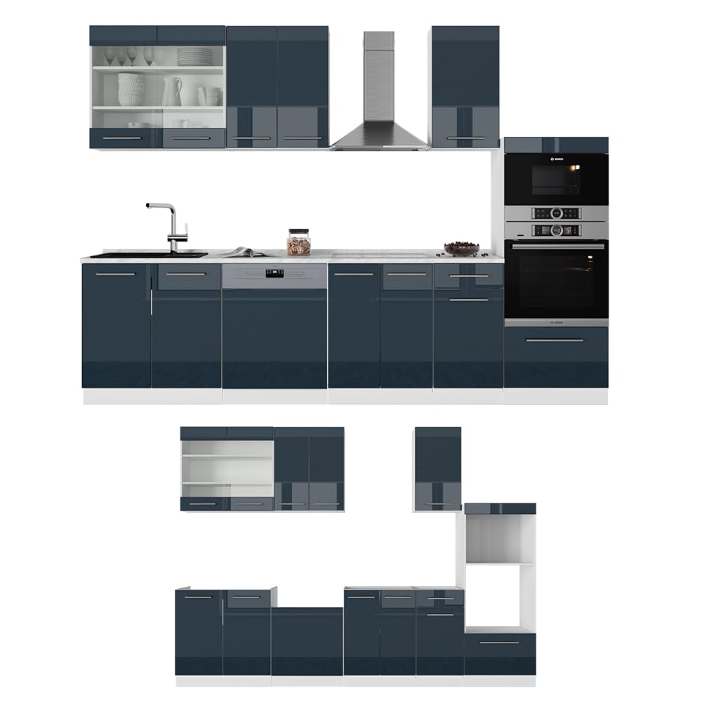 Vicco Mueble de Cocina Fame-Line, Azul Oscuro Alto Brillo/Blanco, 300 cm con Armario Alto, sin encimera, para ampliación Individual con módulos complementarios
