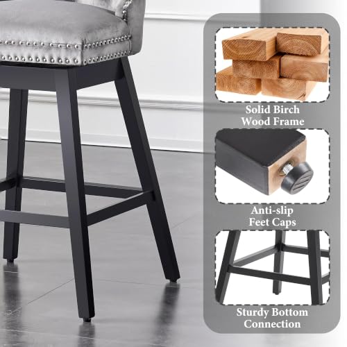 Image of Grey Swivel Bar Stools, Velvet Counter Height Bar Stools Set of 5 | 360 Swivel Bar Chairs, Solid Wood Legs, Upholstered Kitchen Island Stools, Modern Extra Wide Seat (Grey, 30 inch H, 5 Pack)
