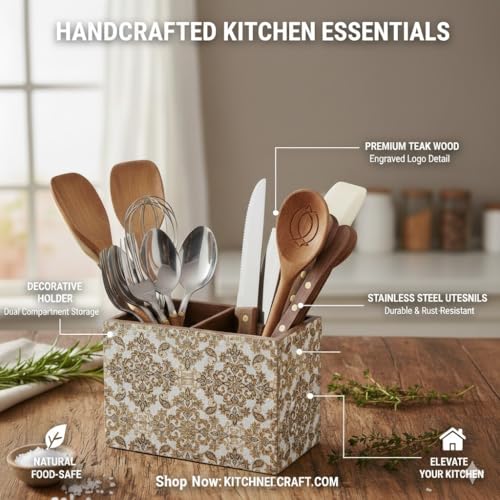 Image of Wooden Cutlery Holder with 2 Sections - Gold Design Spoon Stand for Kitchen & Dining Table Organizer (10x16x12 cm) | Multipurpose Cutlery stand for dining table, Chammach Stand, Table Decor