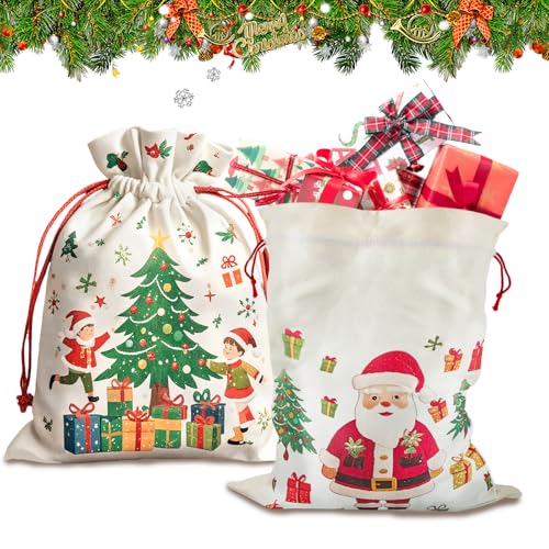 2 Pezzi Sacco Babbo Natale, FairyPeach Borsa Regalo per Natale, Maxi Sacca On Cordino per Regali Natalizi (Tela)