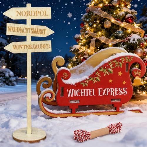 Wichtel Zubehör Weihnachten Set – Holzschlitten „Wichtel Express“ Mit Schild & Kordel – Deko, Wichtelzubehör, Für Wichteltür, Advent, Winterzauber & Weihnachtsgeschenke, Wichtel Schablone