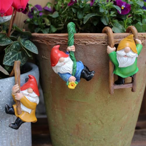 Dingzhidiy 3PCS Cute Climbing Gnome Figurines Flower Pot Hugger, Resin Garden Gnomes Statue, Plant Decorations for Pots, Outdoor Decor Fence Ornaments for Patio Lawn Garden Yard (Multicolor)