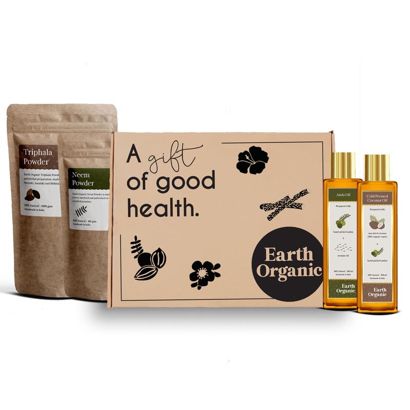Hair Oil for Men and Women Amla Hair Oil (200ml), Coconut Oil (200ml), Neem Powder (100gm) & Triphala Powder (150gm) by EARTH ORGANIC | Hair Oil For Hair Growth | Face Pack Powder for Glowing Skin