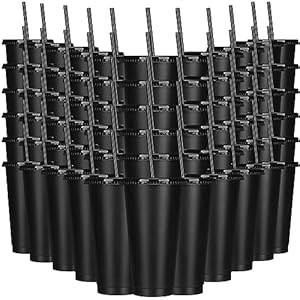 Tumbler with Straw and Lid Bulk 24 oz Reusable Plastic Cups with Lids and Straws Water Bottle Travel Mug Cup Tumblers Bulk for Cold Hot Drinks Parties Birthdays Adults (Black,60 Sets)