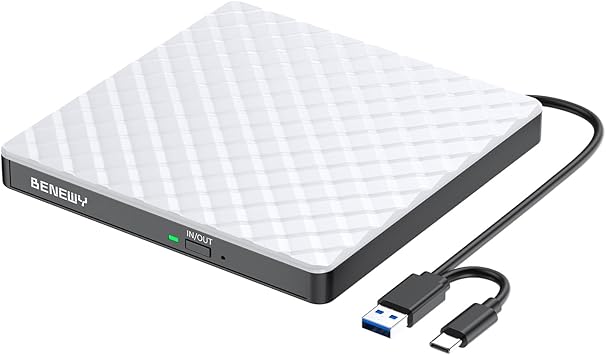 محرك أقراص مضغوطة خارجي BENEWY لأجهزة الكمبيوتر المحمولة، USB 3.0 USB C CD Burner DVD/CD ROM Drive Reader محرك أقراص DVD خارجي مشغل أقراص DVD لأجهزة الكمبيوتر المحمولة وأجهزة الكمبيوتر المكتبية Windows 11/10/8.1/7 MacBook Mac Linux OS Apple White