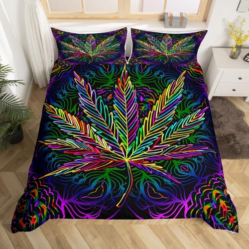 Feelyou Marijuana Leaf Bedding Set for Men Adults Cannabis Leaves Comforter Cover Marijuana Weed Leaf Print Duvet Cover Room Decor Psychedelic Colorful Botanical Bedspread Cover Queen Size 3Pcs