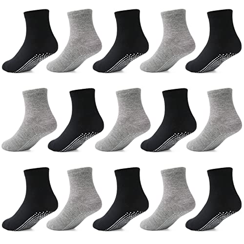 Tphon Toddler Socks with Grippers for Boys Girls, Kids Non Slip Grip Boys Socks 15 Pairs Half Cushion Crew Athletic Sock, 03 Black/Grey, 7-10 Years