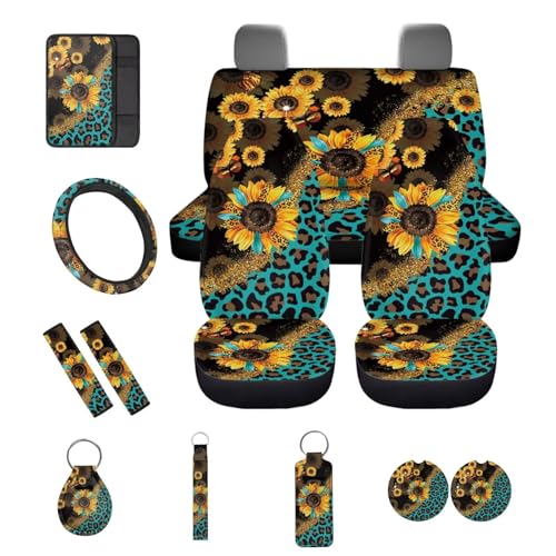 Liuqpwys Leopard Print Sunflower 13 Pcs Car Seat Covers Set with Car Steering Wheel Accessories Armrest Cover Seat Belt Covers Keychain and Coaster Universal Size for Most Cars SUV