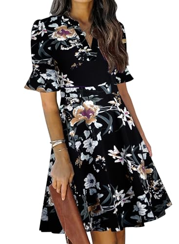 Image of Mokayee Womens Summer V Neck Ruffle Short Sleeve Fit and Flare Knee Length Church Wedding Guest Dresses with Pockets