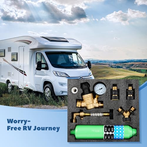 Image of RV Water Pressure Regulator Kit, All in One Camper Fresh Water Kit - Inline Water Filter, Flexible Hose Protector, Brass Hose Elbow, Teflon Tape, 2 Way Y Splitter, Toolbox, 3 /4 Hose Quick Connects
