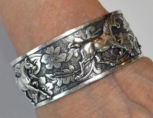 Elaine Coyne Collectible Artwear Mirror Antiqued Silver Brass Equestrian Classic Running Horse Cuff Bracelet2