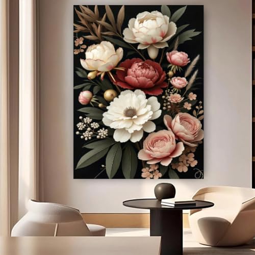 Tableau fleurs roses et blanches sur fond noir 40x60cm pour salon