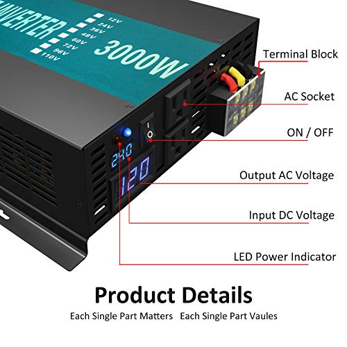 WZRELB 3000watt Pure Sine Wave Inverter 12V DC to 120V AC 60HZ with LED Display Car Inverter Generator (RBP300012B1)