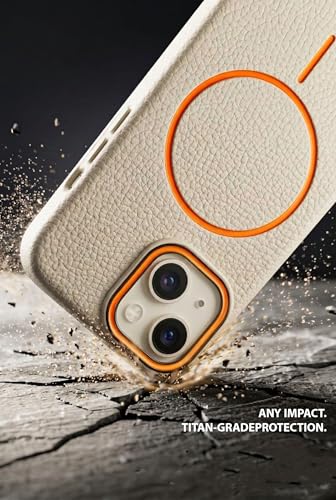 Image of amazon basics Luxury MagSafe Compatible Leather Texture Back Cover for iPhone 13 | Raised Camera Protection | Slim Fit Shockproof Case with Metallic Accents (White)
