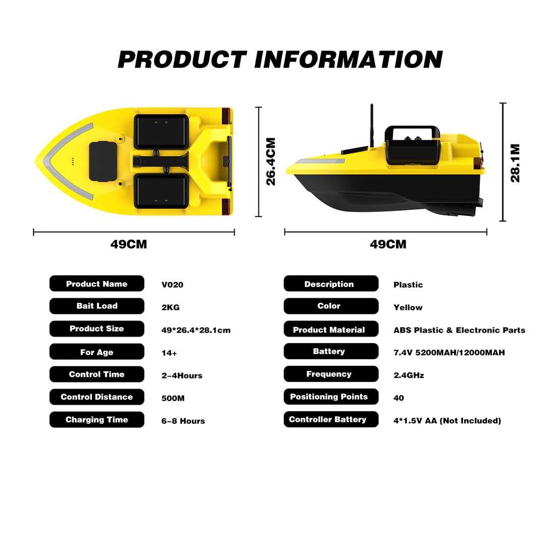 Barco de pesca con cebo a control remoto, lancha rápida inteligente V020 con 3 tolvas para cebo, control remoto de 500 m, 40 puntos de referencia GPS, retorno automático y luces LED de pesca brillan