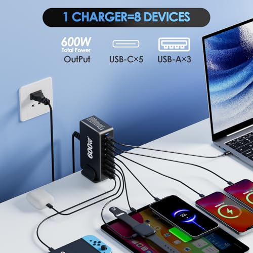 Image of 600W USB C Fast Charger Block, 8 Port Charging Station, GaN Ⅲ Multi Port Charging Station Hub for Multiple Devices, Multiport USB Charger Station Compatible with MacBook iPhone iPad Dell