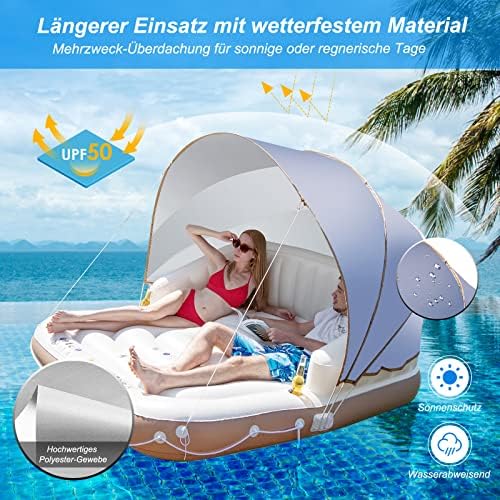 FANTASK Luxus-Inselbett XXL, Aufblasbare Schwimminsel mit einziehbarer & Abnehmbarer Überdachung, Badeinsel mit 2 Getränkehaltern 180 x180 x160 cm, Weiß, Braun, Silber