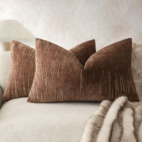 Image of Foindtower Pack of 2 Slubby Textured Chenille Throw Decorative Pillow Covers Lumbar Accent Solid Cushion Cover Neutral Farmhouse Pillow Case for Couch Sofa Bedroom Living Room 12x20 Inch,Red Brown
