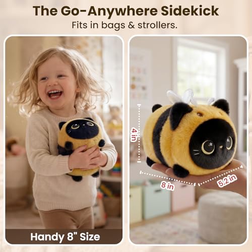 Image of Mewaii Black Cat Bee Plush Kawaii Plushies, Ultra-Soft Feel, 8 in | Starry-Eyed Cat Design, 8 in Portable Size, Cuddly Plush, Gentle Machine Washable, Desk Decor, For Kids, Teens & Cat Lovers