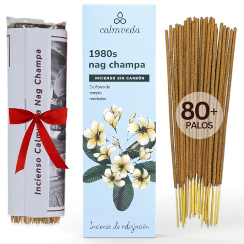 Calmveda Incienso Nag Champa Original 1980s   (80 Incienso organico) Sin Carbón Incienso Artesanal, Hecho con Flores Recicladas | Aroma Floral y Terroso | Inciensos Aromáticos para la Calma