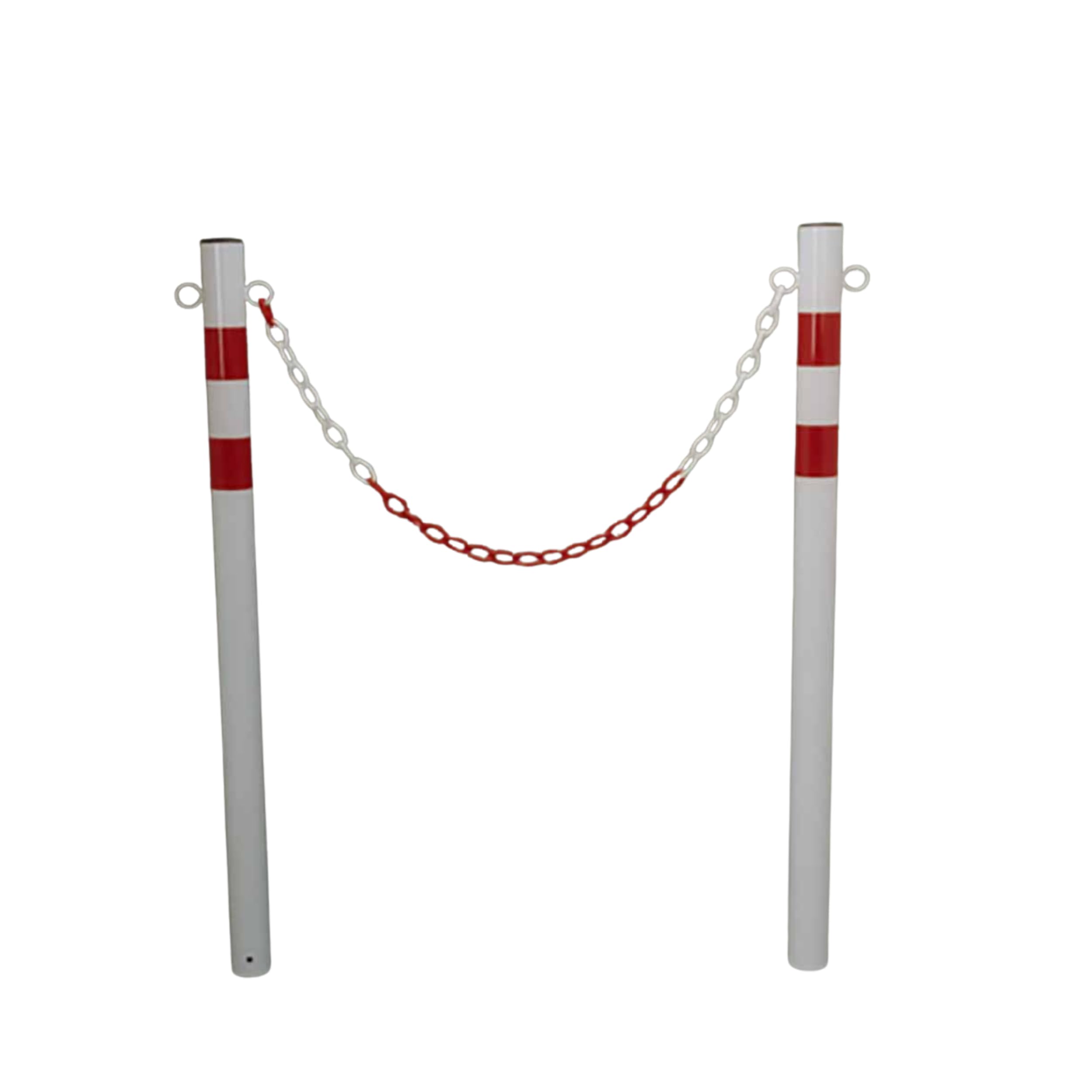 Andrys Poste de señalización peatonal, para cementar, con anillas soldadas para cadena de acero y brújula – Color blanco con adhesivos rojos reflectantes – 6 x 6 x 120 cm