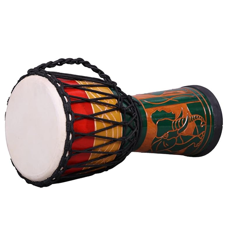 Image of StarJam Single Wood Shell Mahogany Wood Djembe Deep Carved Drum - 8 Inches Diameter X 16 Inches Height Musical Instrument with Bag - Elephant Carved Djembe