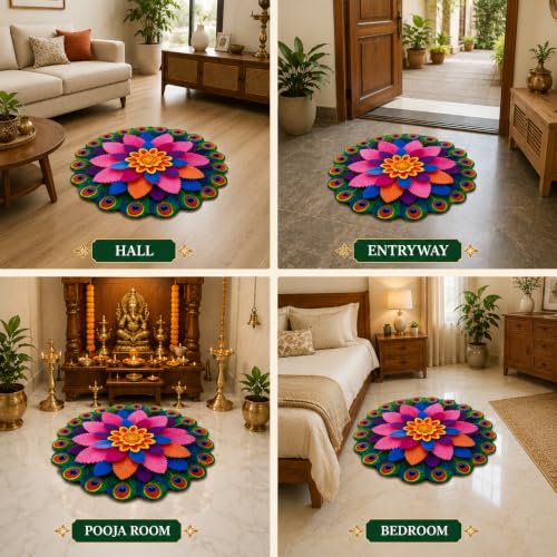 Image of JD FRESH 3D Rangoli Design Door Mat, Colorful Non-Slip 3D Bathroom Mats, Machine Washable, Water Absorbent Floor Carpet for Entryway, Bathroom, Living Room & Bedroom(80 x 80 Cm)