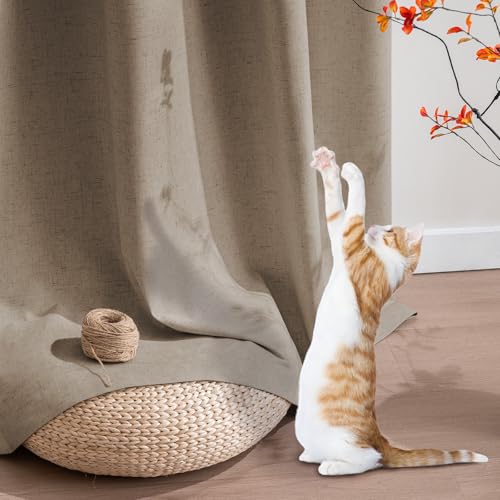 Image of PrinceDeco Linen Blackout Curtains 90 Inch Length Room Darkening Curtains with Natural Slubs & Grayish (Not Solid) Black Out Curtains for Bedroom Full Light Blocking Drapes - Heathered Macchiato