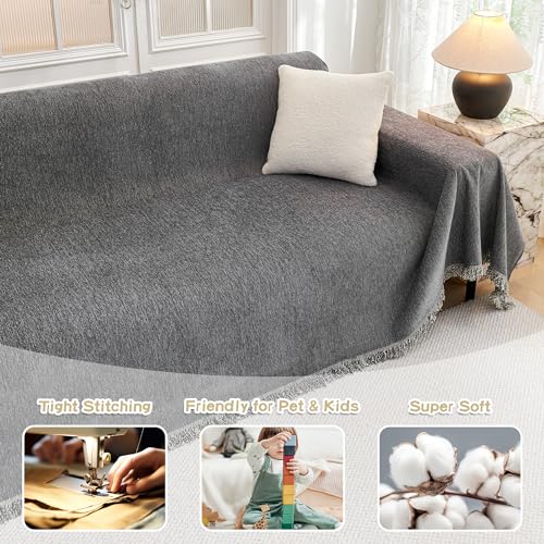MYSKY HOME Couch Cover for Dogs, Washable Couch Covers, Non Slip Sofa Cover, Couch Cover 2 Cushion Sofa Dogs Furniture Protector with Tassels, Chenille Sofa Slipcover for Pets, 71\"x118\", Dark Grey