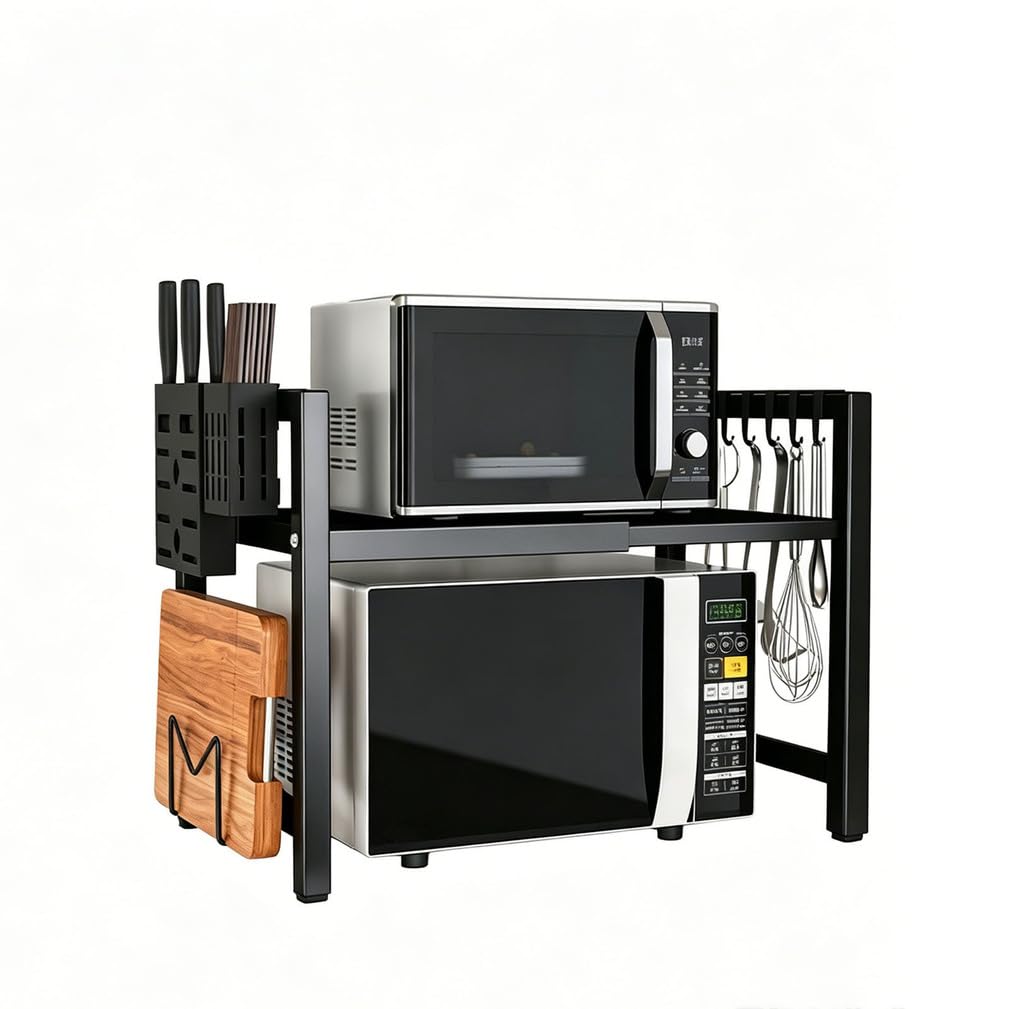 Mensola Microonde Estensibile, Scaffale da Cucina con Ripiano Portaspezie, Mobile Estensibile, con Portacoltelli, 6 Ganci e Supporto per Taglieri,1 Tier